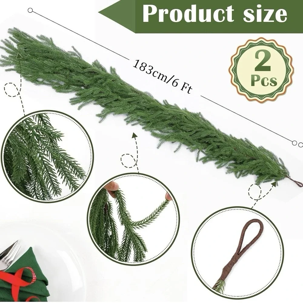 2 Pcs 6ft Realistic Norfolk Pine Christmas Garlands Flexible Decoration Holiday